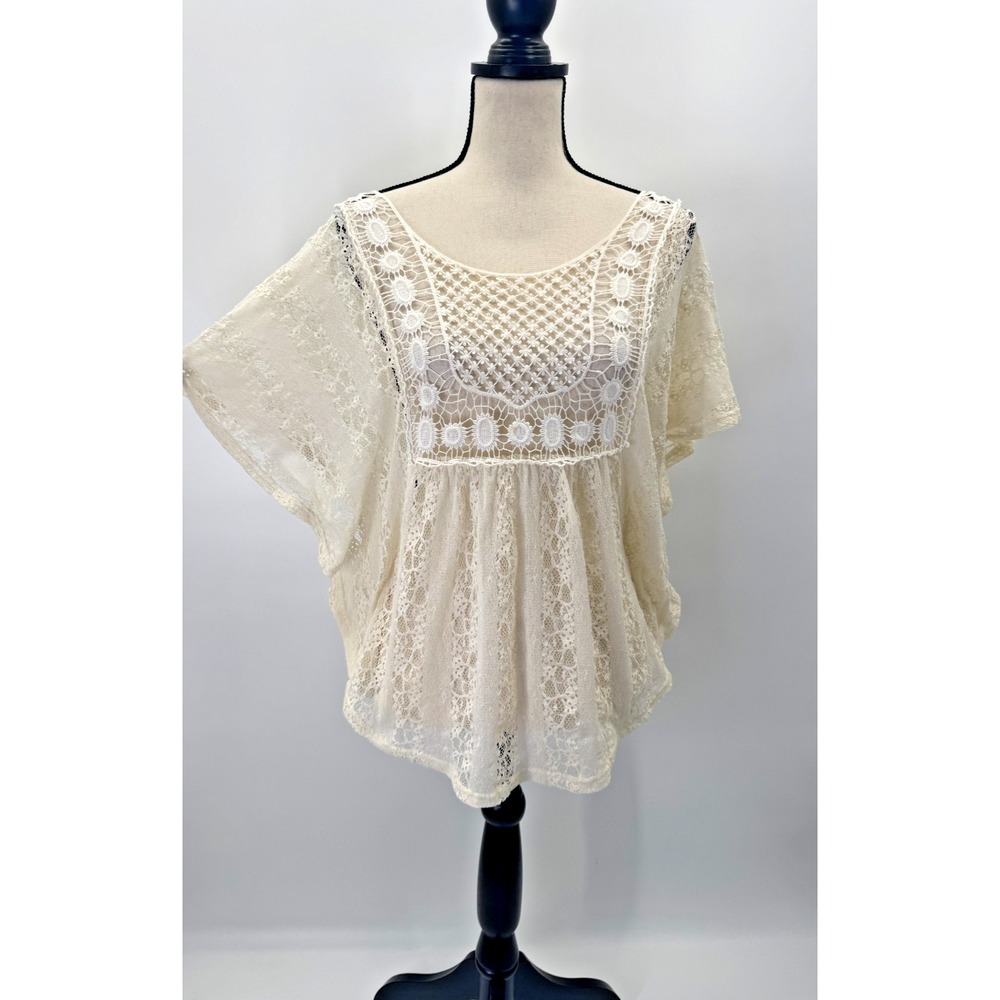 VTG Boho Y2K Crochet Lace Open Knit Top Medium Open Back Festival Concert Beach